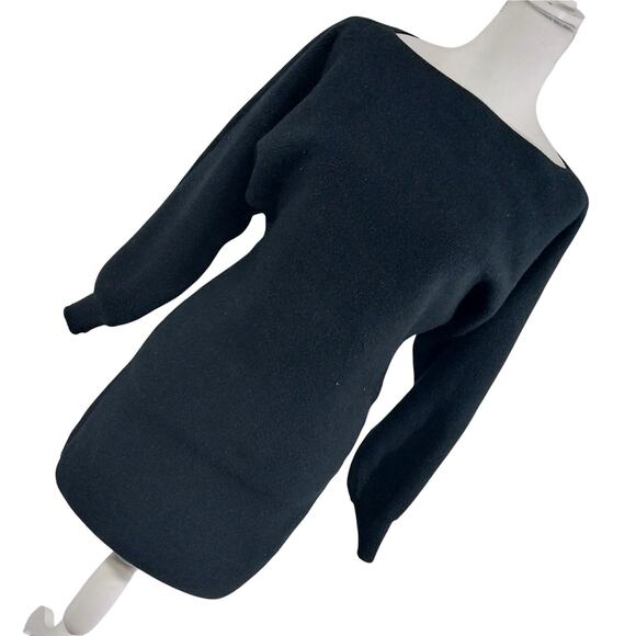 BLUIVY! RICH BLACK HEAVY/FINE KNIT PUFF SLEEVE SHEATH SWEATER DRESS! SZ L - Picture 8 of 8